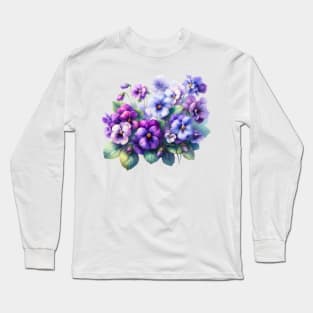 Watercolor Violets Purple Pansy Watercolor Painting Long Sleeve T-Shirt